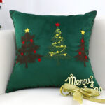 2-SOGA 45cm Throw Pillow Green Three Embroidered Christmas Trees for Festive Holiday Square Cushion Home Decor