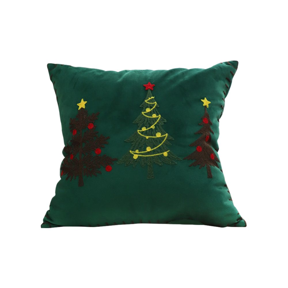 1-SOGA 45cm Throw Pillow Green Three Embroidered Christmas Trees for Festive Holiday Square Cushion Home Decor