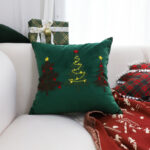 3-SOGA 45cm Throw Pillow Green Three Embroidered Christmas Trees for Festive Holiday Square Cushion Home Decor