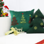 6-SOGA 45cm Throw Pillow Green Three Embroidered Christmas Trees for Festive Holiday Square Cushion Home Decor