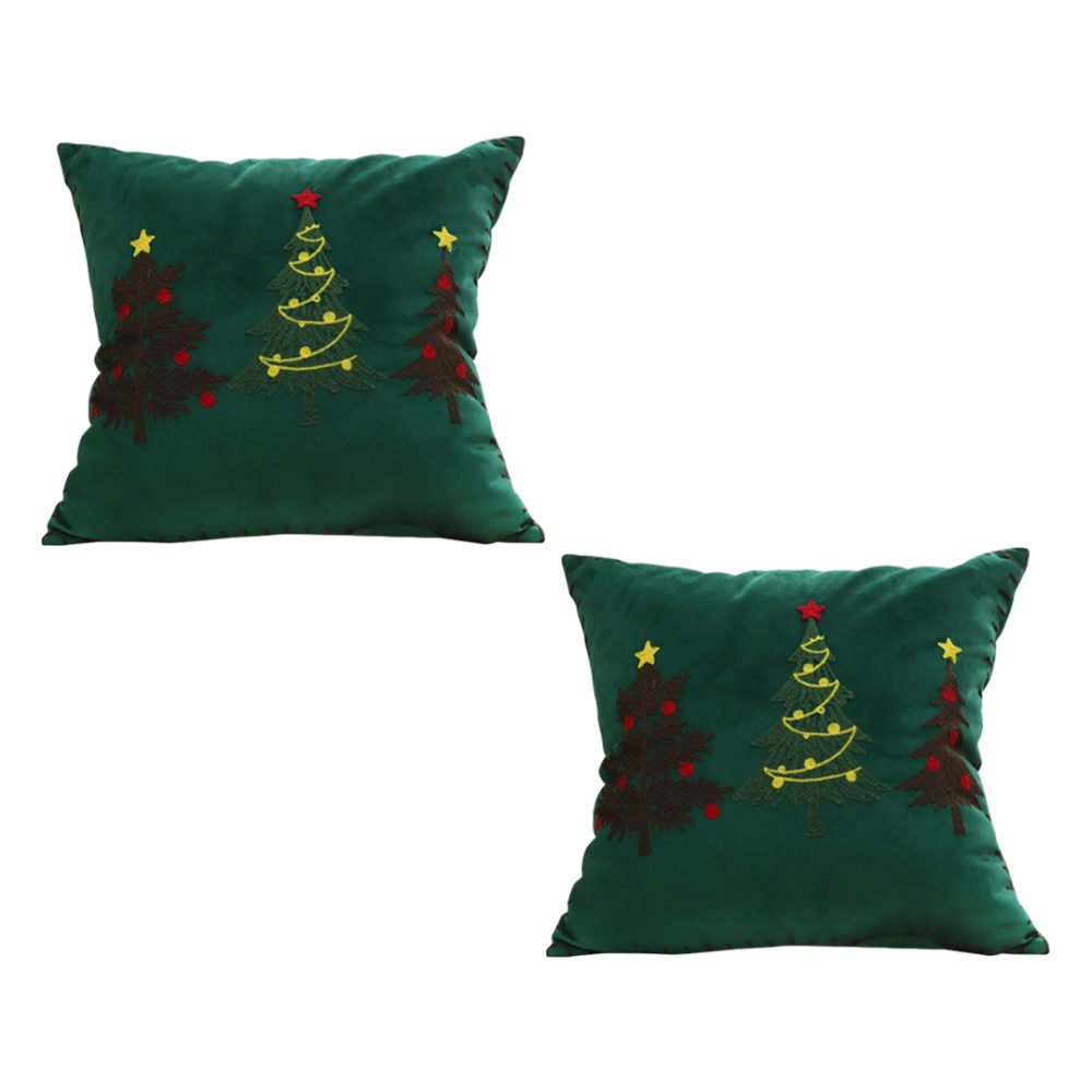 1-SOGA 2X 45cm Throw Pillow Green Three Embroidered Christmas Trees for Festive Holiday Square Cushion Home Decor