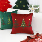 3-SOGA 45cm Burgundy Red Throw Pillow with Three Embroidered Christmas Trees Festive Holiday Square Cushion Home Decor