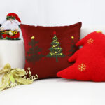 4-SOGA 45cm Burgundy Red Throw Pillow with Three Embroidered Christmas Trees Festive Holiday Square Cushion Home Decor