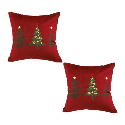 1-SOGA 2X 45cm Burgundy Red Throw Pillow with Three Embroidered Christmas Trees Festive Holiday Square Cushion Home Decor