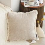 5-SOGA 2X 45cm Throw Pillow Latte Color Chenille Textured with Tassels Stylish Square Cozy Home Decor