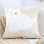 2-SOGA 45cm Throw Pillow Light Tan Square Cushion with Soft White Cat Design Decorative Home Decor