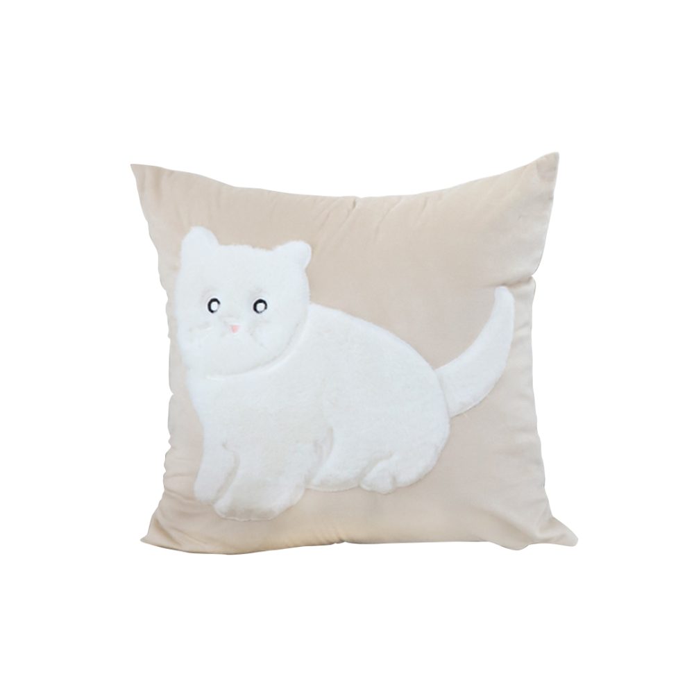 1-SOGA 45cm Throw Pillow Light Tan Square Cushion with Soft White Cat Design Decorative Home Decor