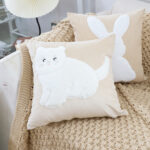 4-SOGA 45cm Throw Pillow Light Tan Square Cushion with Soft White Cat Design Decorative Home Decor
