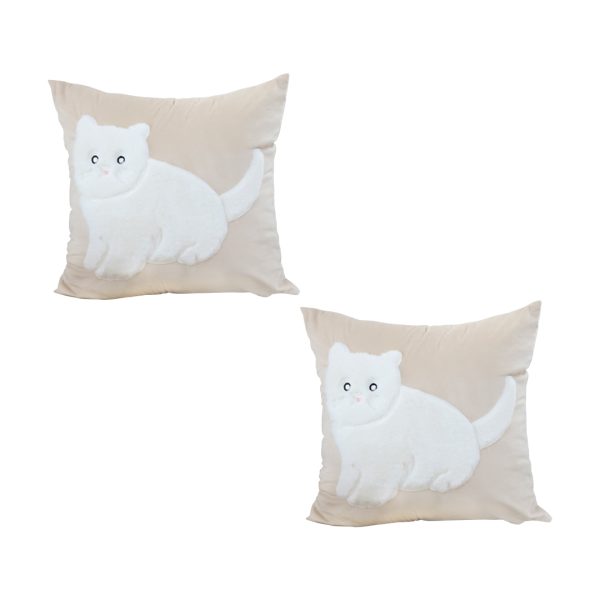 1-SOGA 2X 45cm Throw Pillow Light Tan Square Cushion with Soft White Cat Design Decorative Home Decor