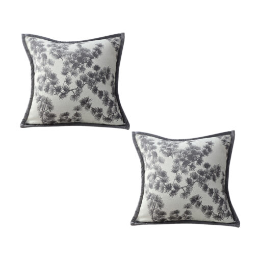 1-SOGA 2X 45cm Throw Pillow Off White Wide Border with Branch and Pine Needle Design Pattern Home Decor