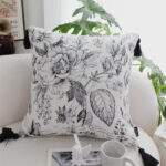 2-SOGA 50cm Throw Pillow  Black and White Elegant Floral Print with Tassel Accents Home Decor