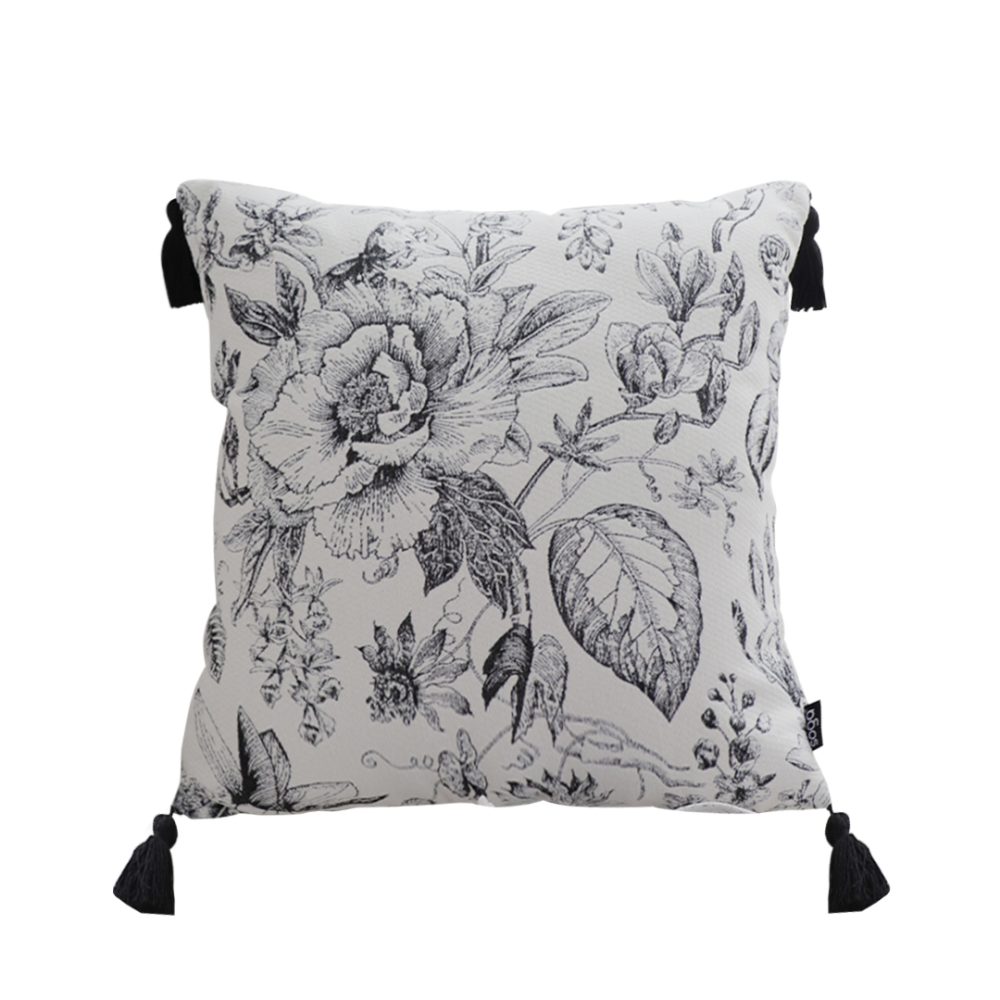 1-SOGA 50cm Throw Pillow  Black and White Elegant Floral Print with Tassel Accents Home Decor