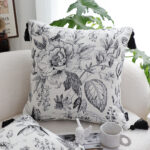 3-SOGA 50cm Throw Pillow  Black and White Elegant Floral Print with Tassel Accents Home Decor