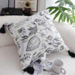 4-SOGA 50cm Throw Pillow  Black and White Elegant Floral Print with Tassel Accents Home Decor