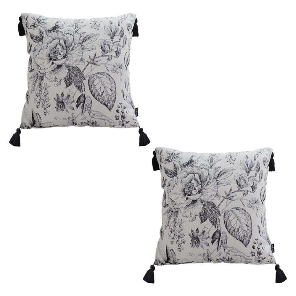 1-SOGA 2X 50cm Throw Pillow  Black and White Elegant Floral Print with Tassel Accents Home Decor