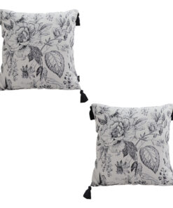 1-SOGA 2X 50cm Throw Pillow  Black and White Elegant Floral Print with Tassel Accents Home Decor