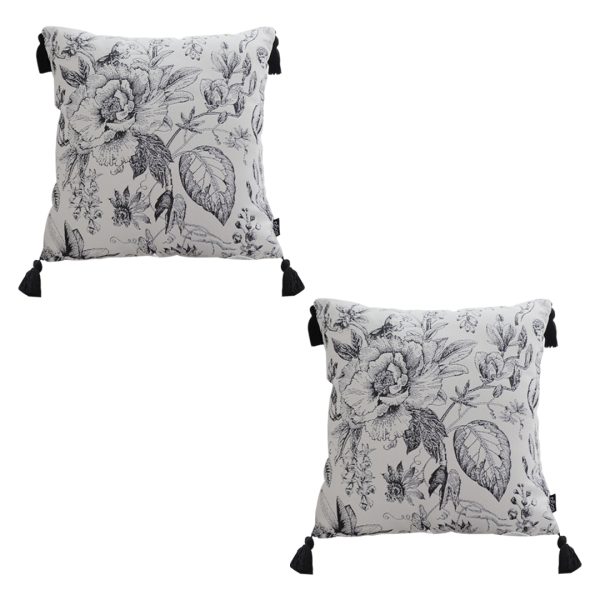 1-SOGA 2X 50cm Throw Pillow  Black and White Elegant Floral Print with Tassel Accents Home Decor