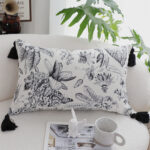 2-SOGA 35cm Throw Pillow  Black and White Floral Print Elegant with Tassel Accents Home Decor