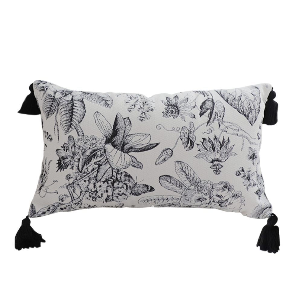 1-SOGA 35cm Throw Pillow  Black and White Floral Print Elegant with Tassel Accents Home Decor