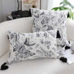 3-SOGA 35cm Throw Pillow  Black and White Floral Print Elegant with Tassel Accents Home Decor