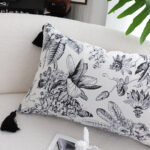 4-SOGA 35cm Throw Pillow  Black and White Floral Print Elegant with Tassel Accents Home Decor