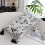 6-SOGA 35cm Throw Pillow  Black and White Floral Print Elegant with Tassel Accents Home Decor