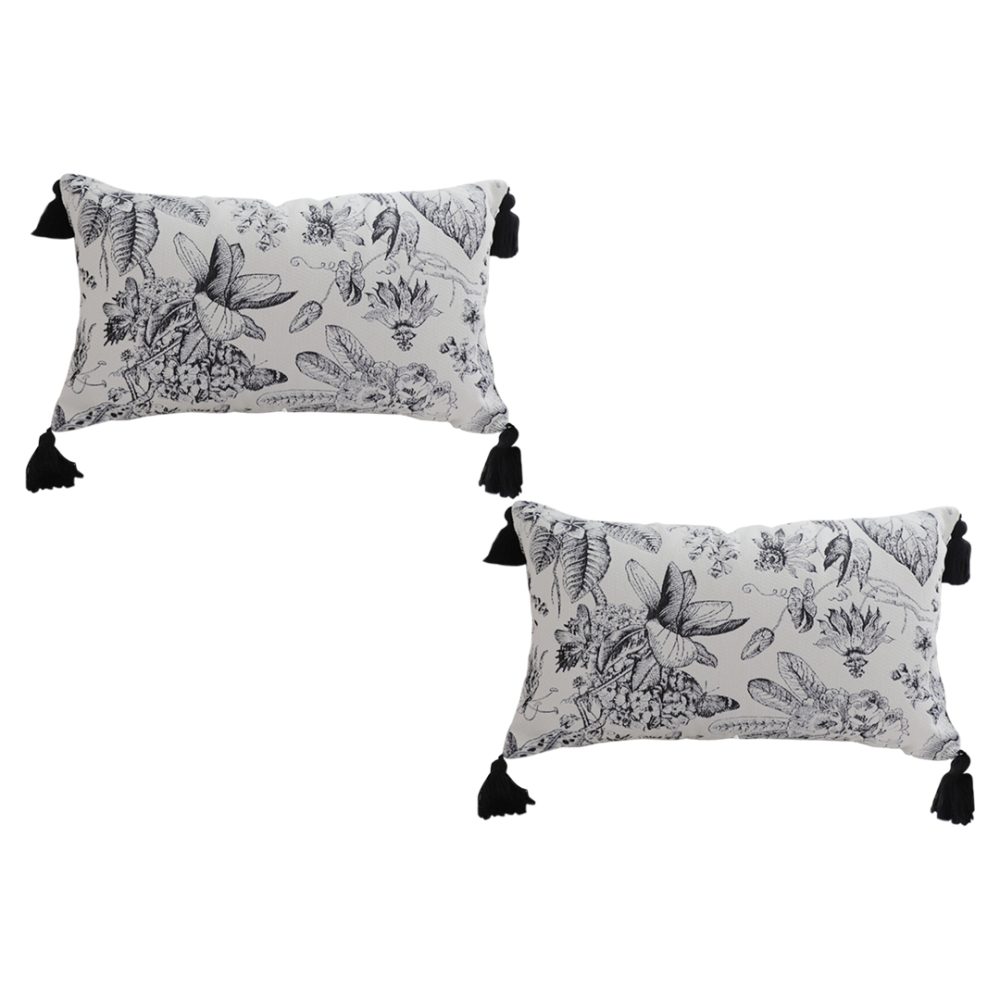 1-SOGA 2X 35cm Throw Pillow  Black and White Floral Print Elegant with Tassel Accents Home Decor