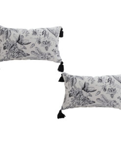 1-SOGA 2X 35cm Throw Pillow  Black and White Floral Print Elegant with Tassel Accents Home Decor