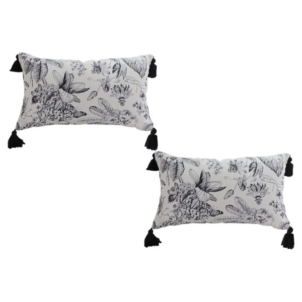 1-SOGA 2X 35cm Throw Pillow  Black and White Floral Print Elegant with Tassel Accents Home Decor