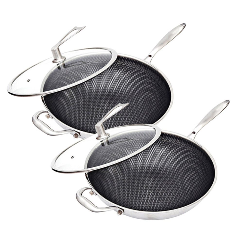 1-SOGA 2X 34cm Stainless Steel Tri-Ply Frying Cooking Fry Pan Textured Non Stick Skillet with Glass Lid and Helper Handle