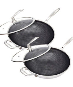 1-SOGA 2X 34cm Stainless Steel Tri-Ply Frying Cooking Fry Pan Textured Non Stick Skillet with Glass Lid and Helper Handle