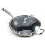 4-SOGA 2X 34cm Stainless Steel Tri-Ply Frying Cooking Fry Pan Textured Non Stick Skillet with Glass Lid and Helper Handle