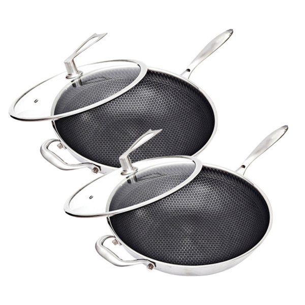 1-SOGA 2X 34cm Stainless Steel Tri-Ply Frying Cooking Fry Pan Textured Non Stick Skillet with Glass Lid and Helper Handle