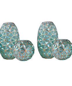 1-SOGA 2X Green Colored Diamond Cut Glass Flower Vase Round Jar Home Decor with Gold Accent Large and Medium Set
