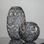 3-SOGA Grey Colored Diamond Cut Glass Flower Vase Round Jar Home Decor with Gold Accent Large and Medium Set