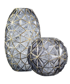 1-SOGA Grey Colored Diamond Cut Glass Flower Vase Round Jar Home Decor with Gold Accent Large and Medium Set