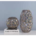 4-SOGA Grey Colored Diamond Cut Glass Flower Vase Round Jar Home Decor with Gold Accent Large and Medium Set
