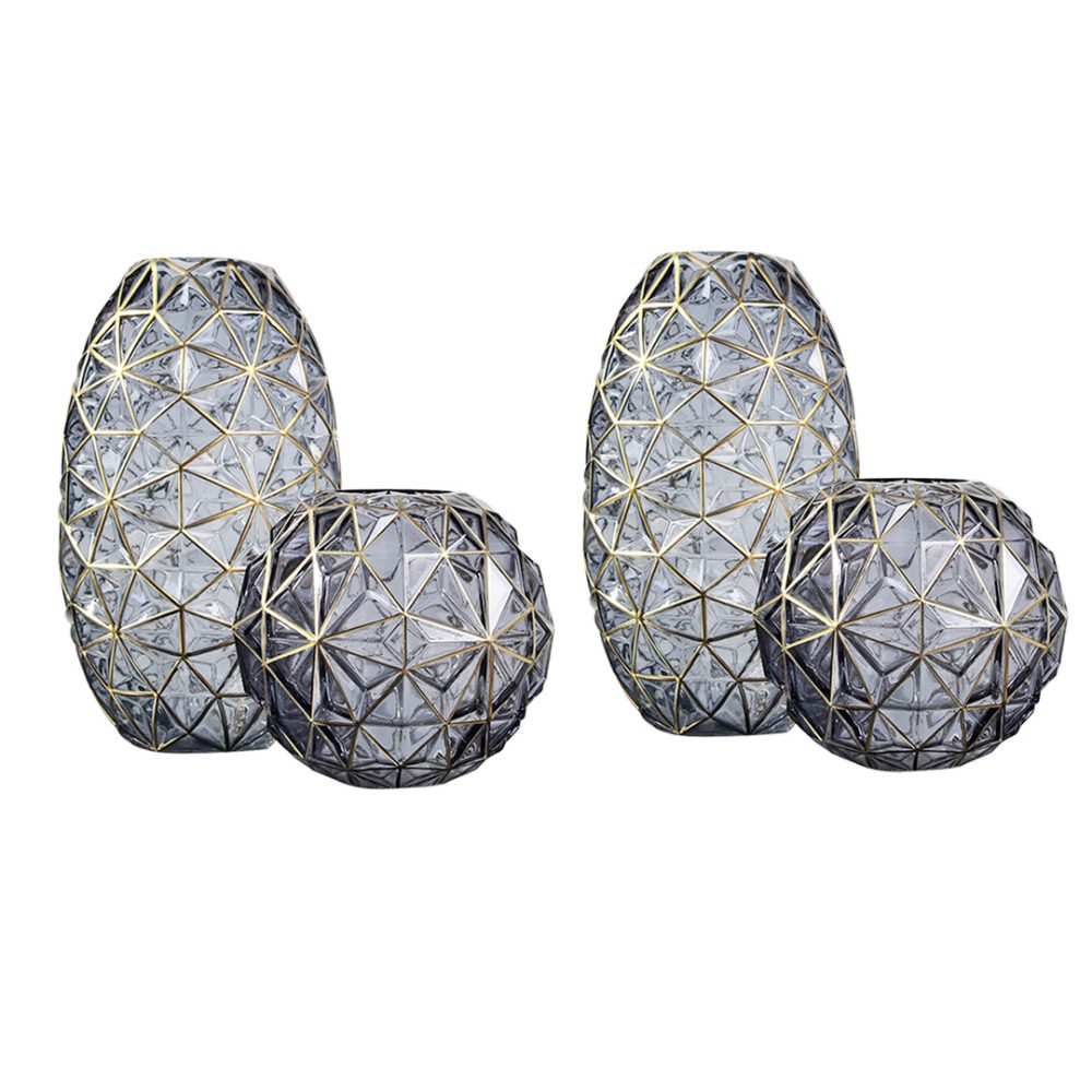 1-SOGA 2X Grey Colored Diamond Cut Glass Flower Vase Round Jar Home Decor with Gold Accent Large and Medium Set