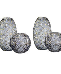 1-SOGA 2X Grey Colored Diamond Cut Glass Flower Vase Round Jar Home Decor with Gold Accent Large and Medium Set
