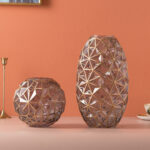 7-SOGA 2X Grey Colored Diamond Cut Glass Flower Vase Round Jar Home Decor with Gold Accent Large and Medium Set