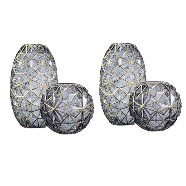 1-SOGA 2X Grey Colored Diamond Cut Glass Flower Vase Round Jar Home Decor with Gold Accent Large and Medium Set
