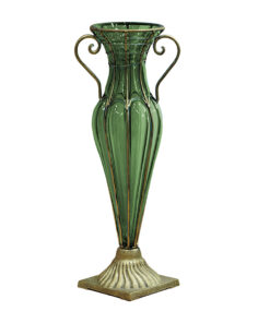 1-SOGA Green Colored European Glass Flower Vase Solid Base with Two Gold Metal Handle