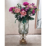 5-SOGA European Clear Glass Cylinder Flower Vase Solid Base with Gold Metal Pattern