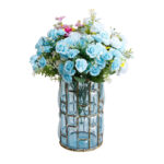 2-SOGA Blue Colored European Glass Cylinder Flower Vase with Gold Metal Pattern