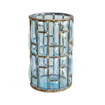 1-SOGA Blue Colored European Glass Cylinder Flower Vase with Gold Metal Pattern