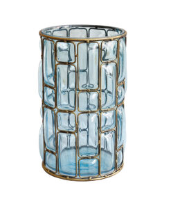 1-SOGA Blue Colored European Glass Cylinder Flower Vase with Gold Metal Pattern