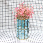 4-SOGA Blue Colored European Glass Cylinder Flower Vase with Gold Metal Pattern