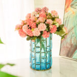 5-SOGA Blue Colored European Glass Cylinder Flower Vase with Gold Metal Pattern