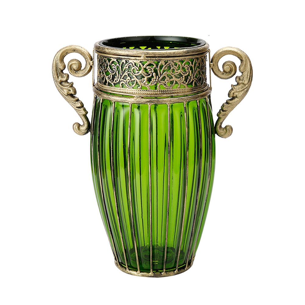 1-SOGA Green European Colored Glass Home Decor Jar Flower Vase with Two Metal Handle