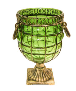 1-SOGA Green Colored European Glass Jar Flower Vase Solid Base with Metal Handle